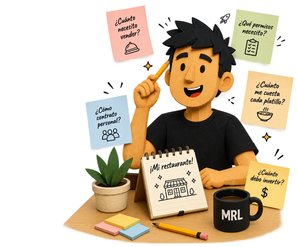 Arnold, con su libreta y los post-its de las preguntas que se hace antes de abrir su restaurante